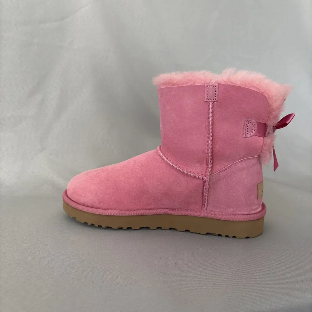 Womens UGG Boots Mini Bailey Bow WBRR Pink Sz 7 Suede Coquette Festival Sold Out - Picture 10 of 15